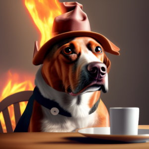 dog wearing a hat sitting at a tabel with a coffee mug. room and hat are on fire.