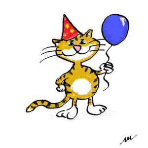 comic tiger (looking more like a cat) with red party hat and blue balloon